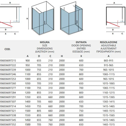 Schemi tecnici del box doccia angolare battente 6mm H200cm con tabella misure, entrata e regolazione