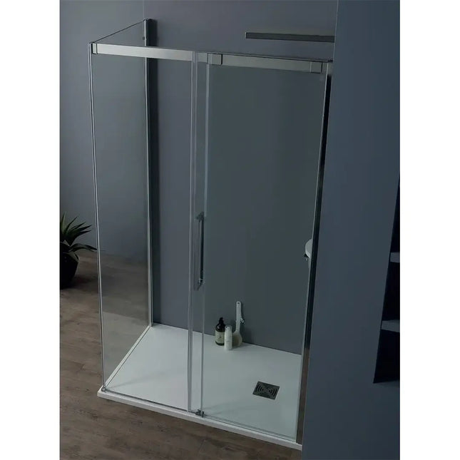 Box doccia angolare cristallo anticalcare trasparente 8mm, anta scorrevole soft-close H200cm, profili cromati, vista frontale