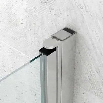 Dettaglio profilo a muro cromato con fissaggio del cristallo temperato 6mm del box doccia a libro H200cm