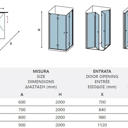 Disegno tecnico quotato del box doccia a libro frameless H200cm con tabella misure, entrata e regolazione