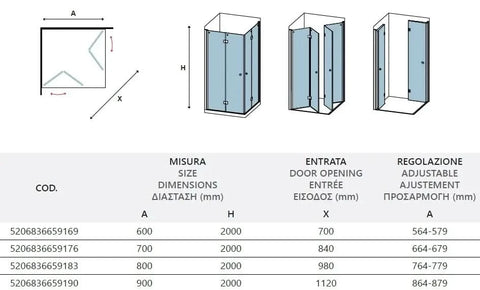 Disegno tecnico quotato del box doccia a libro frameless H200cm con tabella misure, entrata e regolazione