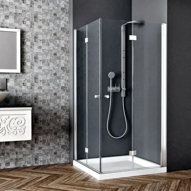 Box doccia angolare doppia anta a libro frameless cristallo trasparente 6mm H200cm in bagno moderno con colonna doccia