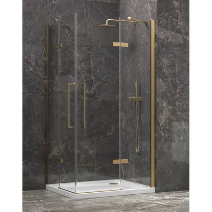 Box doccia angolare doppia anta battente 8mm profili oro H200cm con parete in marmo scuro e piatto bianco