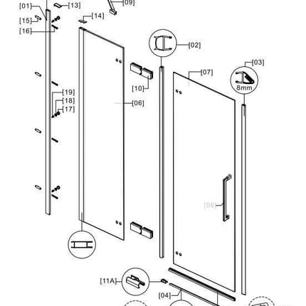 Disegno esploso di montaggio del box doccia doppia battente 8mm H200cm con quote e componenti numerati