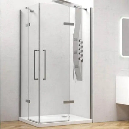 Box doccia angolare doppia anta battente cristallo 8mm anticalcare H200cm con colonna idromassaggio in bagno moderno