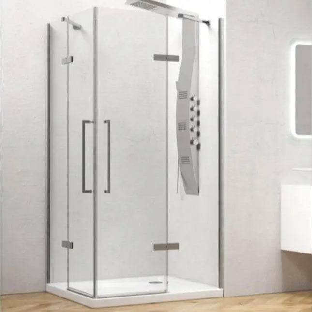 Box doccia angolare doppia anta battente cristallo 8mm anticalcare H200cm con colonna idromassaggio in bagno moderno