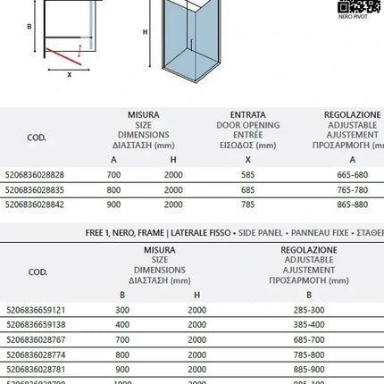 Disegno tecnico del box doccia industrial pivot 6mm H200cm con tabelle misure, entrata e regolazione profili