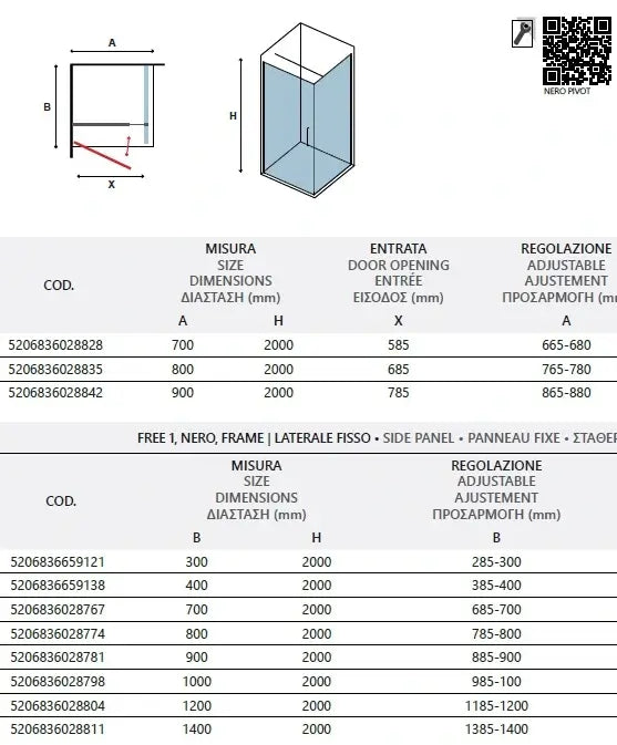 Disegno tecnico del box doccia industrial pivot 6mm H200cm con tabelle misure, entrata e regolazione profili