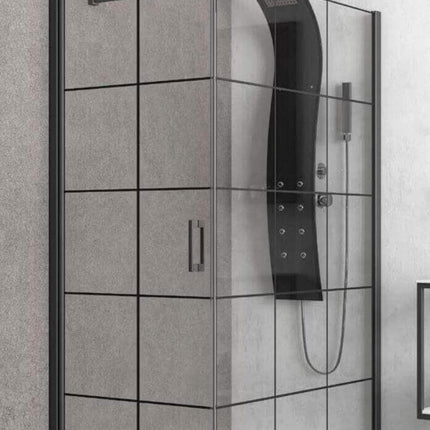 Box doccia industrial anta pivot cristallo 6mm H200cm con serigrafia a griglia nera e colonna doccia nera