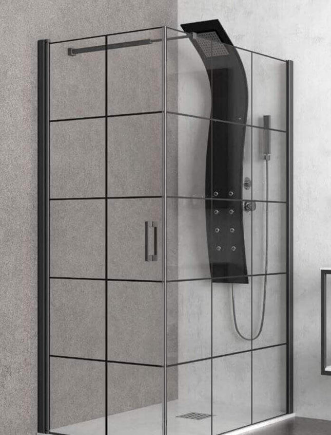 Box doccia industrial anta pivot cristallo 6mm H200cm con serigrafia a griglia nera e colonna doccia nera