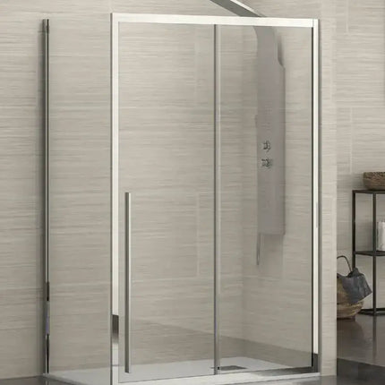 Vista frontale del box doccia scorrevole 8mm anticalcare H200cm con profili cromati e maniglia verticale