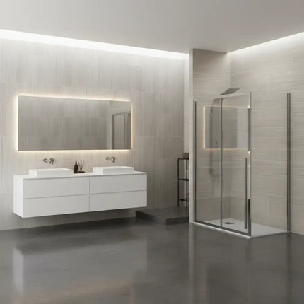 Box doccia scorrevole H200cm in bagno moderno con mobile sospeso bianco e specchio retroilluminato a LED