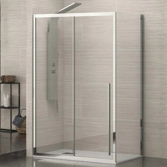 Box doccia scorrevole cristallo trasparente 8mm anticalcare H200cm con lato fisso in bagno dai toni chiari