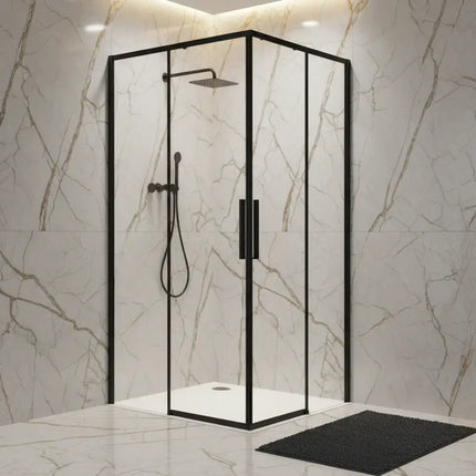 Box doccia angolare doppio scorrevole 6mm anticalcare profili neri H200cm con piatto doccia antracite