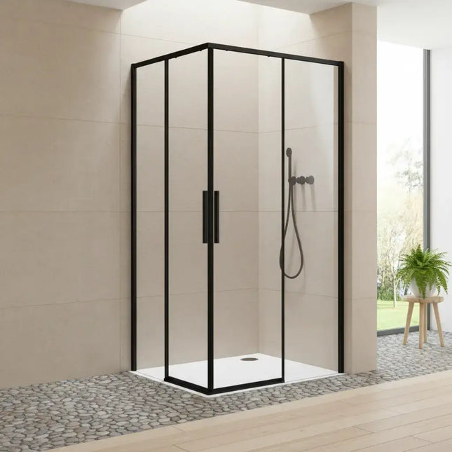 Box doccia doppio scorrevole profili neri H200cm in bagno con parete beige e pavimento decorato a cementine