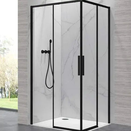 Vista frontale del box doccia angolare doppio scorrevole profili neri 6mm H200cm con maniglie verticali