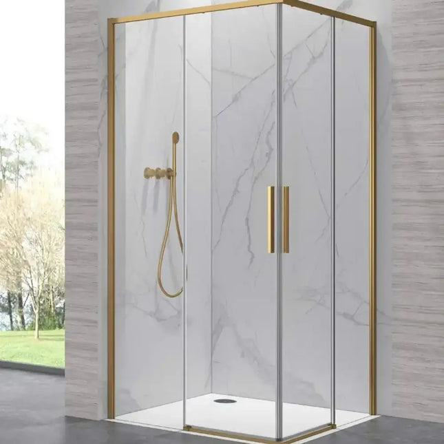 Box doccia angolare doppio scorrevole 6mm anticalcare profili oro H200cm in bagno con parete in marmo bianco