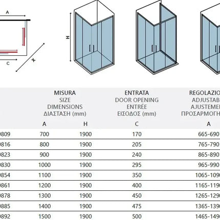 Schema tecnico del box doccia New Flora H190 6mm con tabella misure, entrata e regolazione dei profili