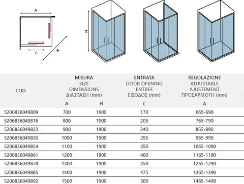 Schema tecnico del box doccia New Flora H190 6mm con tabella misure, entrata e regolazione dei profili