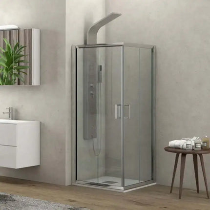 Box doccia angolare New Flora H190 cristallo 6mm porte scorrevoli in bagno luminoso con piante e sgabello