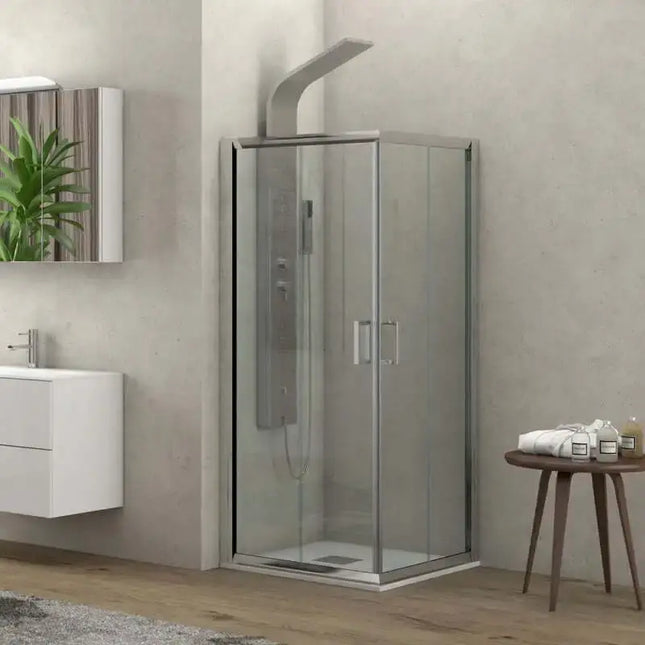 Box doccia angolare New Flora H190 cristallo 6mm porte scorrevoli in bagno luminoso con piante e sgabello