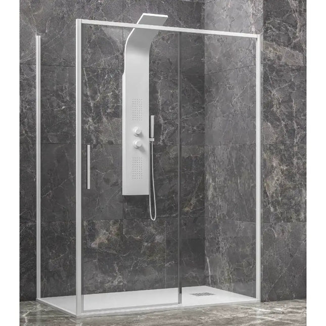Box doccia scorrevole profili bianchi 6mm anticalcare H200cm con lato fisso e parete in marmo grigio