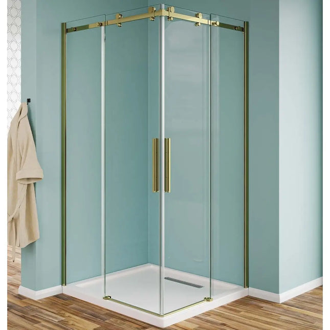 Box doccia angolare doppia scorrevole cristallo trasparente 8mm H190, profili e binario color oro, piatto bianco