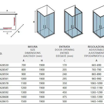 Schema tecnico del box doccia satinato profili neri H190 con tabella misure, entrata e regolazione profili