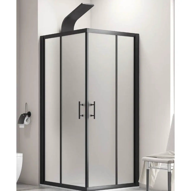 Box doccia angolare cristallo satinato 6mm profili neri H190 con colonna doccia nera in bagno luminoso