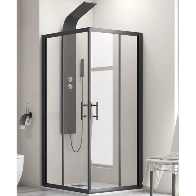 Box doccia angolare doppio scorrevole 6mm anticalcare profili neri H190 con colonna doccia nera in bagno chiaro