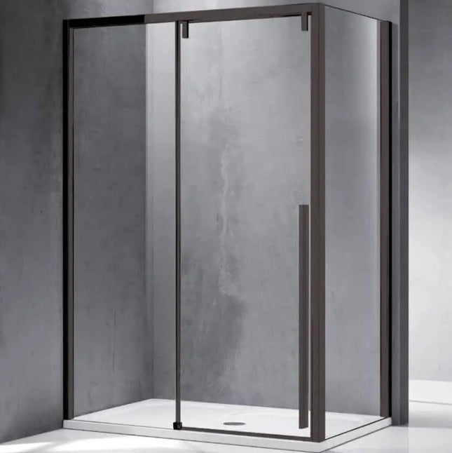 Box doccia scorrevole soft-close profili neri 8mm anticalcare H200cm con lato fisso e parete in cemento