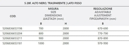 Tabella misure e regolazione del lato fisso nero trasparente del box doccia apertura interna esterna H200cm