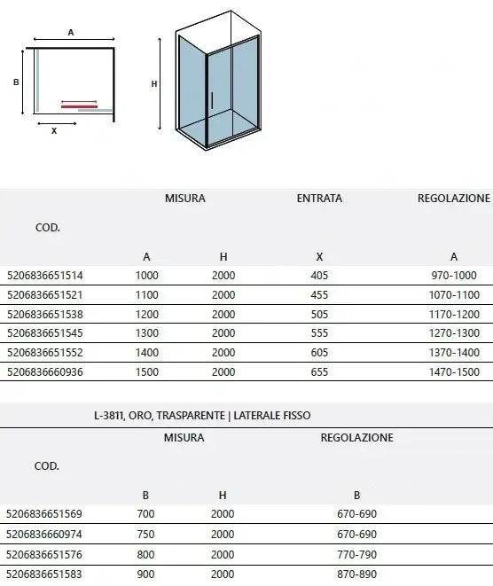 Schemi tecnici del box doccia scorrevole profili oro H200cm con tabelle misure, entrata e regolazione