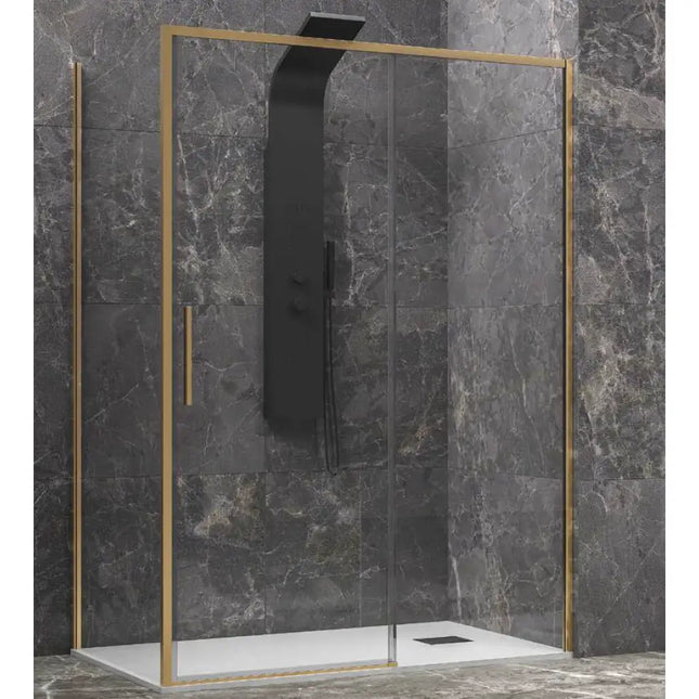Box doccia scorrevole profili oro 6mm anticalcare H200cm con lato fisso e parete rivestita in marmo grigio