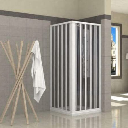Box doccia PVC soffietto H185 angolare con apertura totale, profili bianchi, ambientato in bagno moderno con appendiabiti in legno