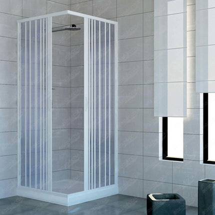 Box doccia angolare PVC a soffietto H185, apertura totale su due lati, profilo bianco, in bagno con rivestimento grigio chiaro