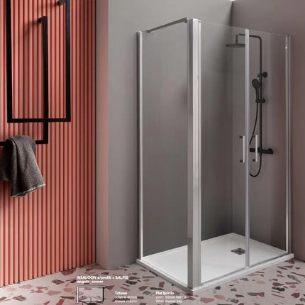Saloon porte battenti 6mm vista angolare, cristallo trasparente anticalcare H200cm, profili cromati, apertura battente