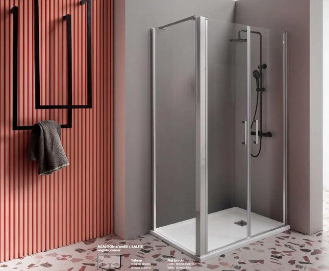 Saloon porte battenti 6mm vista angolare, cristallo trasparente anticalcare H200cm, profili cromati, apertura battente