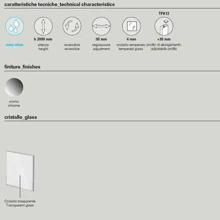 Saloon profili cromati porte battenti 6mm cristallo trasparente, anticalcare H200, apertura battente, montaggio classico