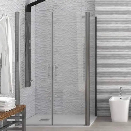 Box doccia saloon con apertura interna esterna e lato fisso H200cm cristallo 6mm in bagno con parete grigia