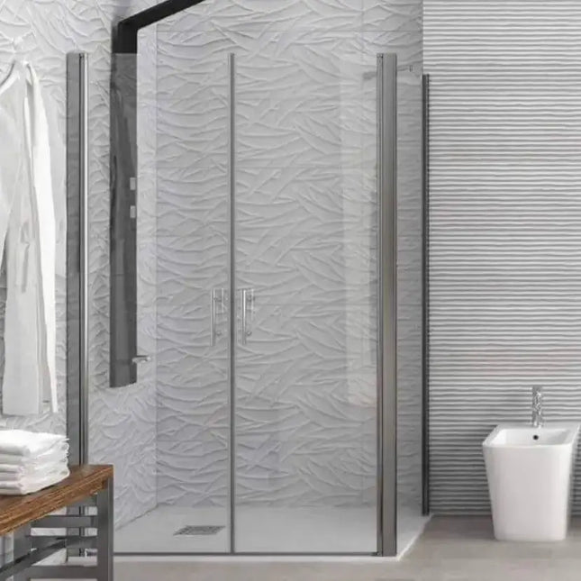 Box doccia saloon con apertura interna esterna e lato fisso H200cm cristallo 6mm in bagno con parete grigia