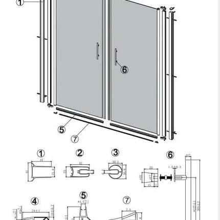 Schema esploso di montaggio del box doccia saloon con lato fisso H200cm e componenti di serraggio numerati