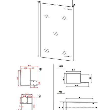 Disegno tecnico quotato delle ante saloon del box doccia 6mm H200cm con dimensioni e punti di fissaggio