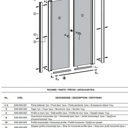Schema ricambi con tabella descrizione pezzi del box doccia saloon apertura interna esterna 6mm H200cm