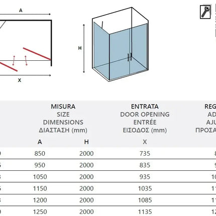 Schema tecnico della porta doccia saloon satinata H200cm con tabella misure, entrata e regolazione profili