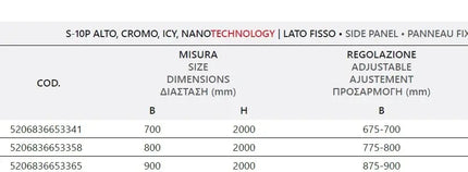 Tabella misure e regolazione del lato fisso nanotechnology del box doccia saloon satinato 6mm H200cm