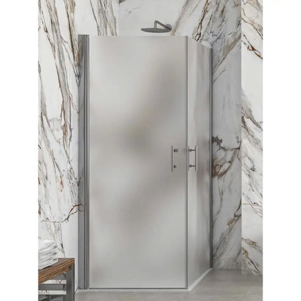 Box doccia angolare doppia battente cristallo satinato H200cm apertura interna esterna con parete in marmo calacatta