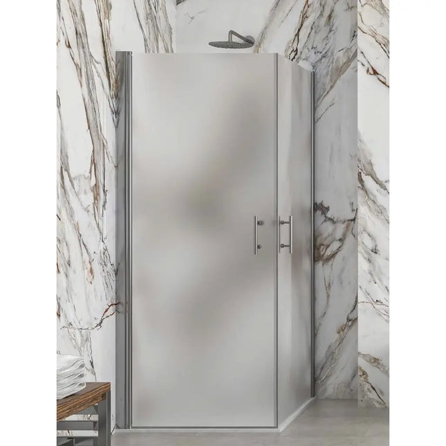 Box doccia angolare doppia battente cristallo satinato H200cm apertura interna esterna con parete in marmo calacatta