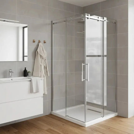 Box doccia angolare scorrevole cristallo trasparente 8mm H190 in bagno moderno con lavabo, piastrelle grigie