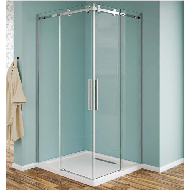 Vista frontale box doccia angolare doppia scorrevole cristallo trasparente 8mm H190, binario inox e piatto bianco
